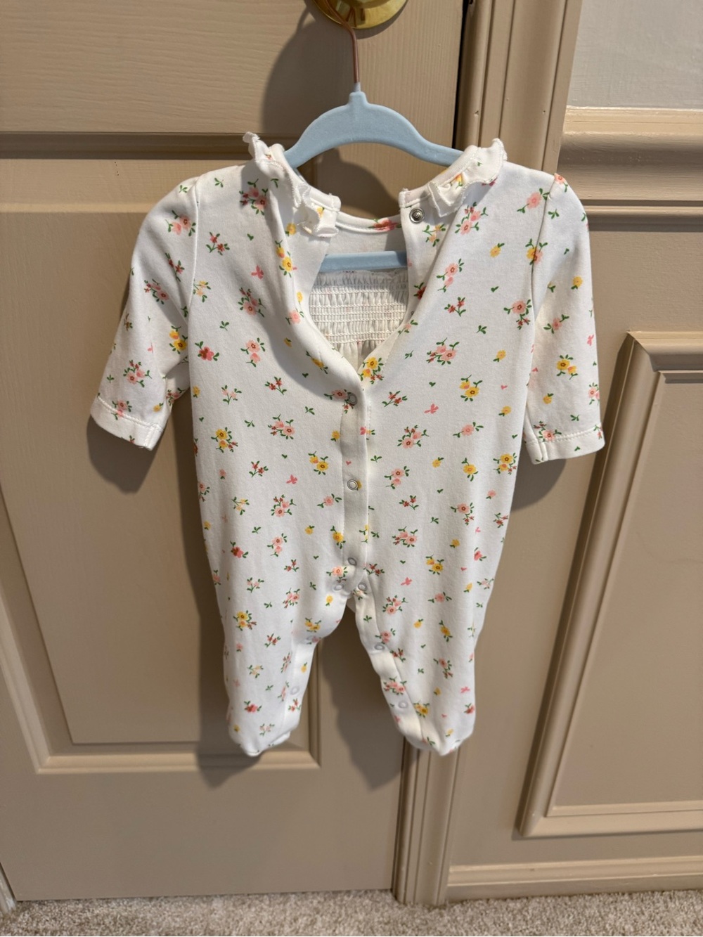 Little Me White Floral Ruffle Collar Footie - Pink & Yellow Flowers